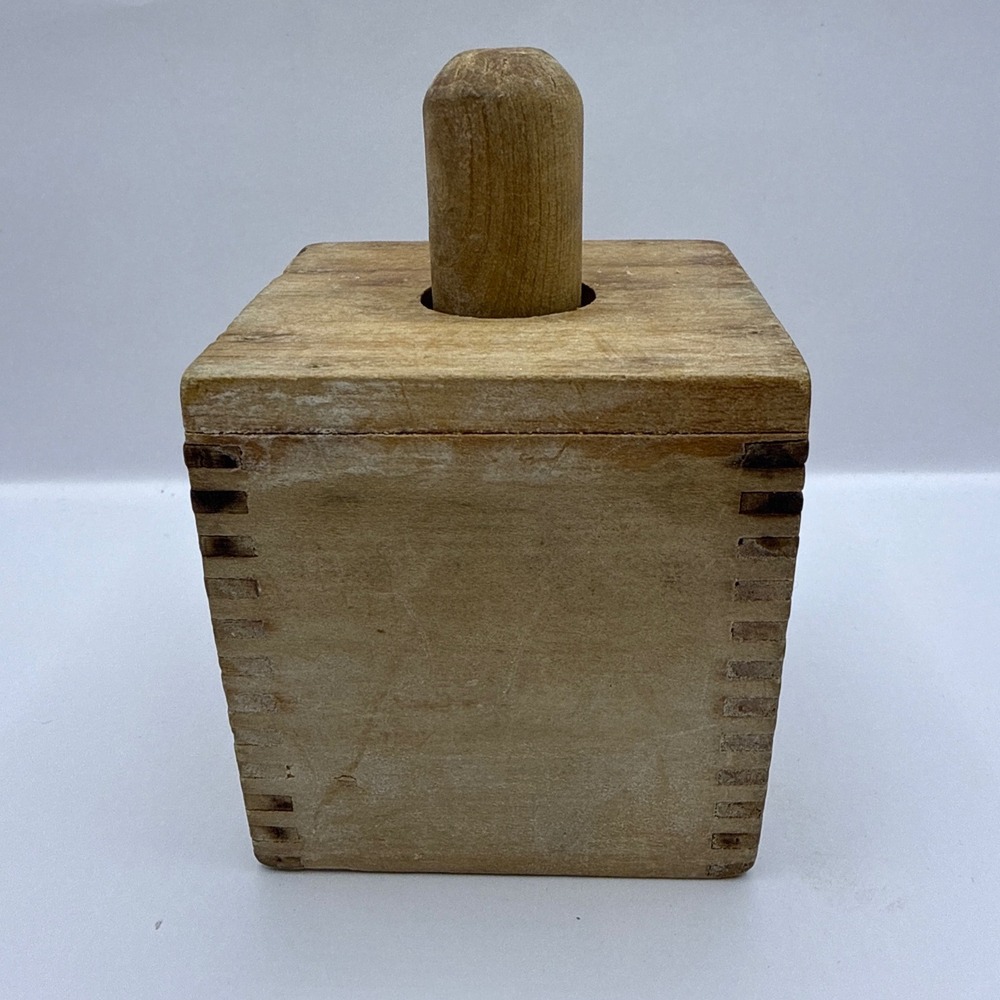 Vintage Style Wooden Butter Mold Square Box Plunger Primitive Farmhouse Decor